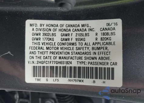 2016 Honda Civic Ex-L from USA, damaged, VIN 2HGFC1F77GH651824